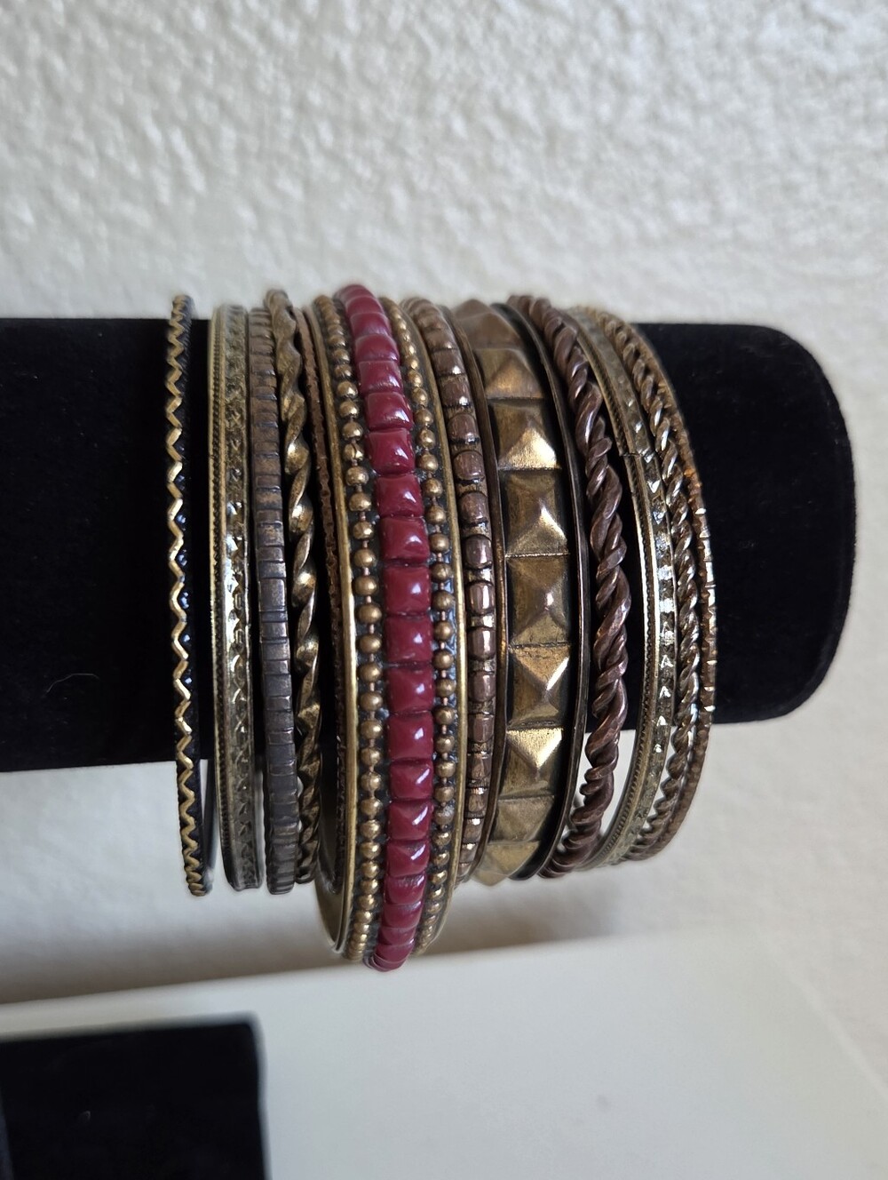 ​boho brass copper mixed metal bangle bracelet stack 12 pc studded burgundy bead